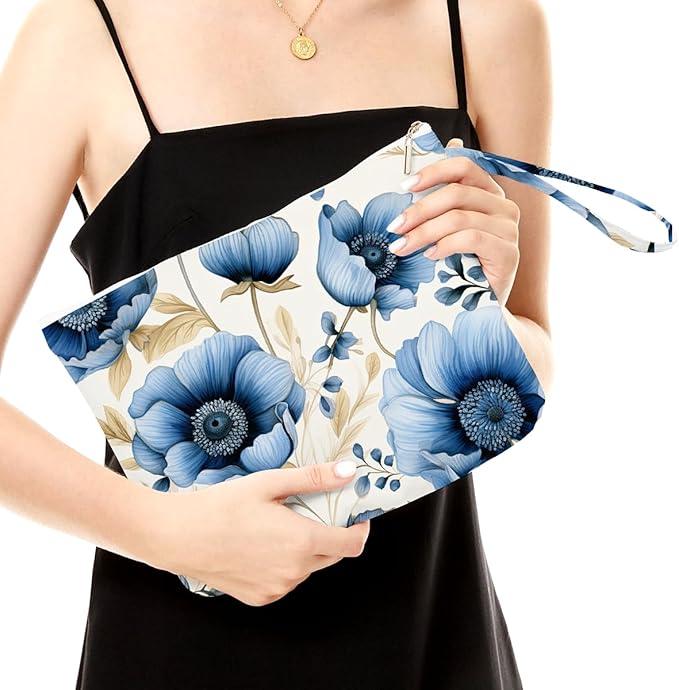 Fokongna Floral Print Wet Bag, Small Portable Waterproof Multi-Functional Organizer for Women, Ideal for Daily, Beach & Travel, Indigo Blue Anemone
