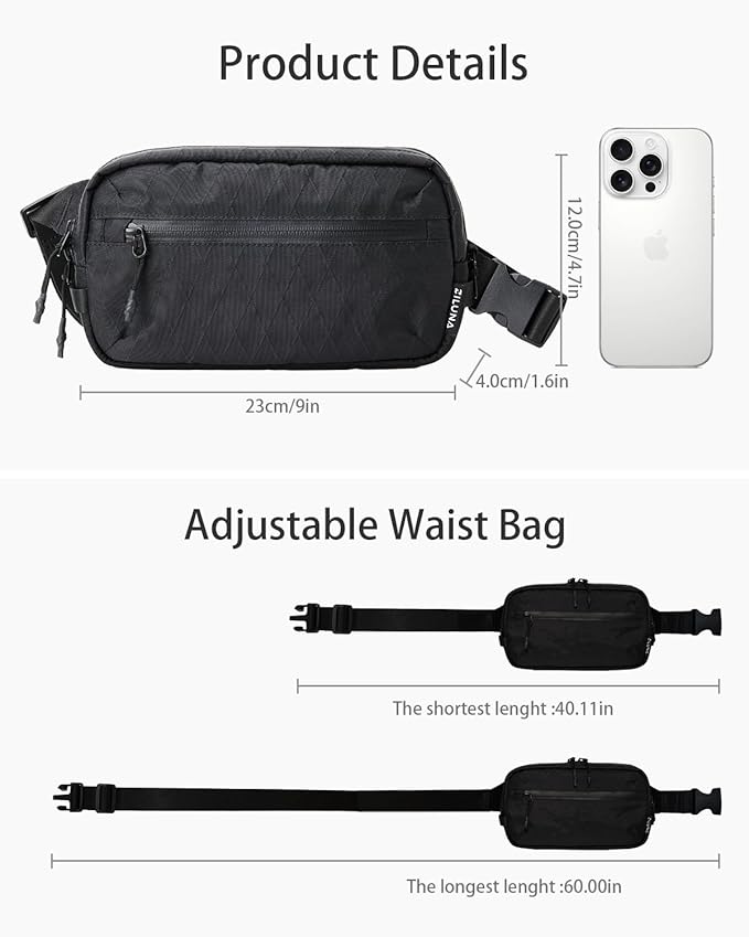 2L Sling Bag for Men & Women - Anti-Theft RFID Blocking Fanny Pack with Lockable Zippers, Water Resistant Lightweight Crossbody Bag for Travel Hiking Running Gym Walking Daily Use(X-Black)
