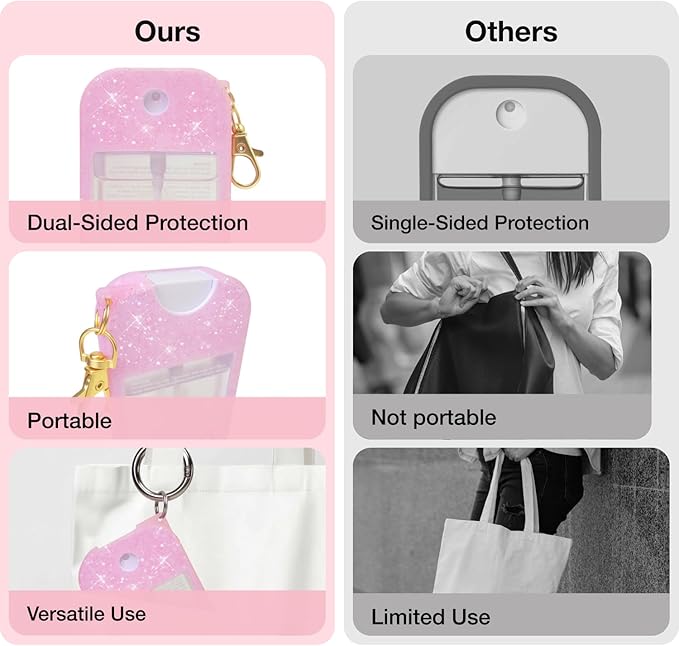 2PCS Silicone Glitter Case for Touchland Power Mist (1FL. OZ./30 mL), Protective and Stylish Case with Keychain Compatible with Touchland Hand Sanitizer Spray (2P-Glitter Pink/Glitter White)