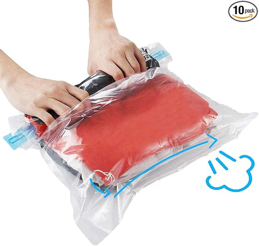 10Pack Travel Space Saver Bags (4 x S, 3 x L, 3 xL), Reusable KFYM Vacuum Travel Storage Bag, Saves 75% of Storage Space, Roll-Up Compression, No Need For Vacuum Machine Or Pump
