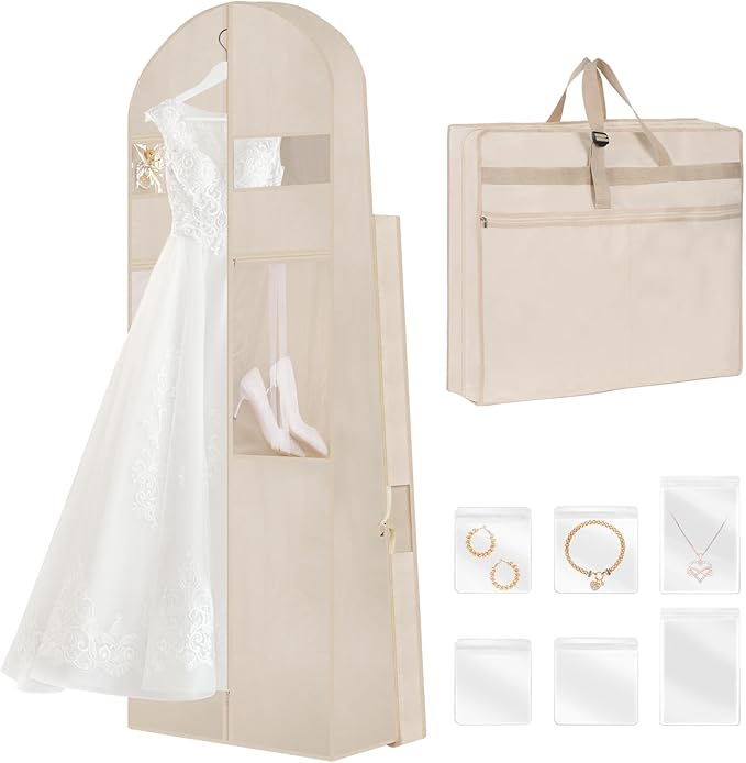 Wedding Dress Garment Bag,72’ Tri-Fold Bridal Gown Bag with 6 Pouches and Adjustable Buckle Gown Cover for Wedding/Prom/Travel/Closet Storage (Beige)