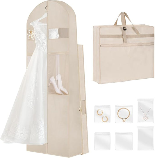 Wedding Dress Garment Bag,72’ Tri-Fold Bridal Gown Bag with 6 Pouches and Adjustable Buckle Gown Cover for Wedding/Prom/Travel/Closet Storage (Beige)