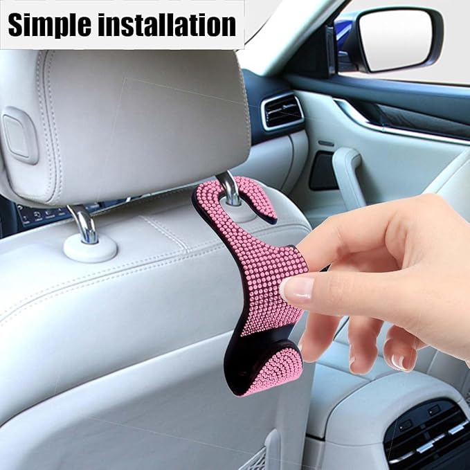 LAINLOY 4PCS Bling Car Headrest Hook, Crystal Rhinestone Back Seat Purse Holder, Car Seat Hanger Storage for Bag, Grocery, Handbag, Universal Interior Accessories for SUV Car Truck (Pink)