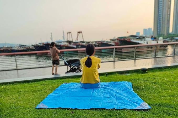 Orga'Neat Pocket Picnic Blanket, Beach Mat Waterproof Sandproof, Compact Lightweight Small Tarp for Camping, Hiking, Backpacking, Festival, Travel, Foldable in Bags (Blue/Grey, 55"x60")