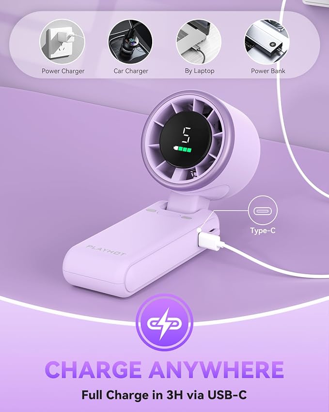 PlayHot Portable Handheld Turbo Fan, 5-Speed Personal Fan, USB-C Rechargeable Fan Up to 12 Hours, 3 IN 1 Hand Fan with Air Turbo Tech Cooling, Travel Fan for Cruise, Beach, Gifts for Women(Purple)