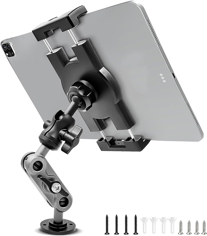 Porfortop Aluminum Heavy Duty Drill Base Tablet Holder Car Mount Dashboard, 360° Adjustable 2-Stage Stand for 4.7-12.9" iPad Pro/Air/Mini/Galaxy Tab, for Car Truck Wall Desk Commercial Vehicle