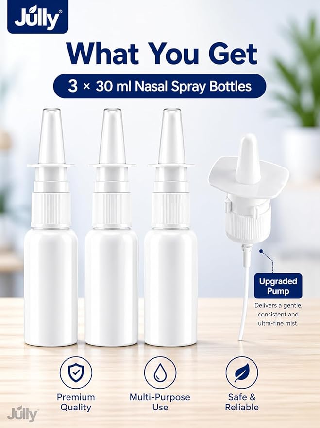 JULLY! 3-Pack 30ML Unique Mist Nasal Spray Bottle – Refillable Pump Sprayer for Nose, Durable HDPE Plastic, Leak-Proof Travel Size for Saline, Personal Care & Home Use, Easy-to-Use Dosage Mechanism