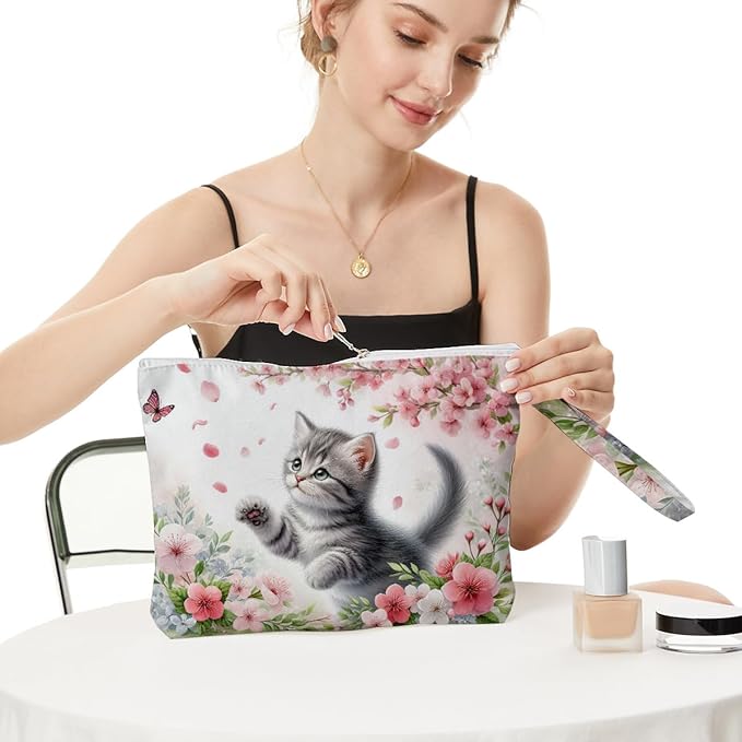 Fokongna Cute Print Wet Bag, Small Portable Waterproof Multi-Functional Organizer for Women, Pink Cherry Blossom Cat, Ideal for Daily, Beach & Travel