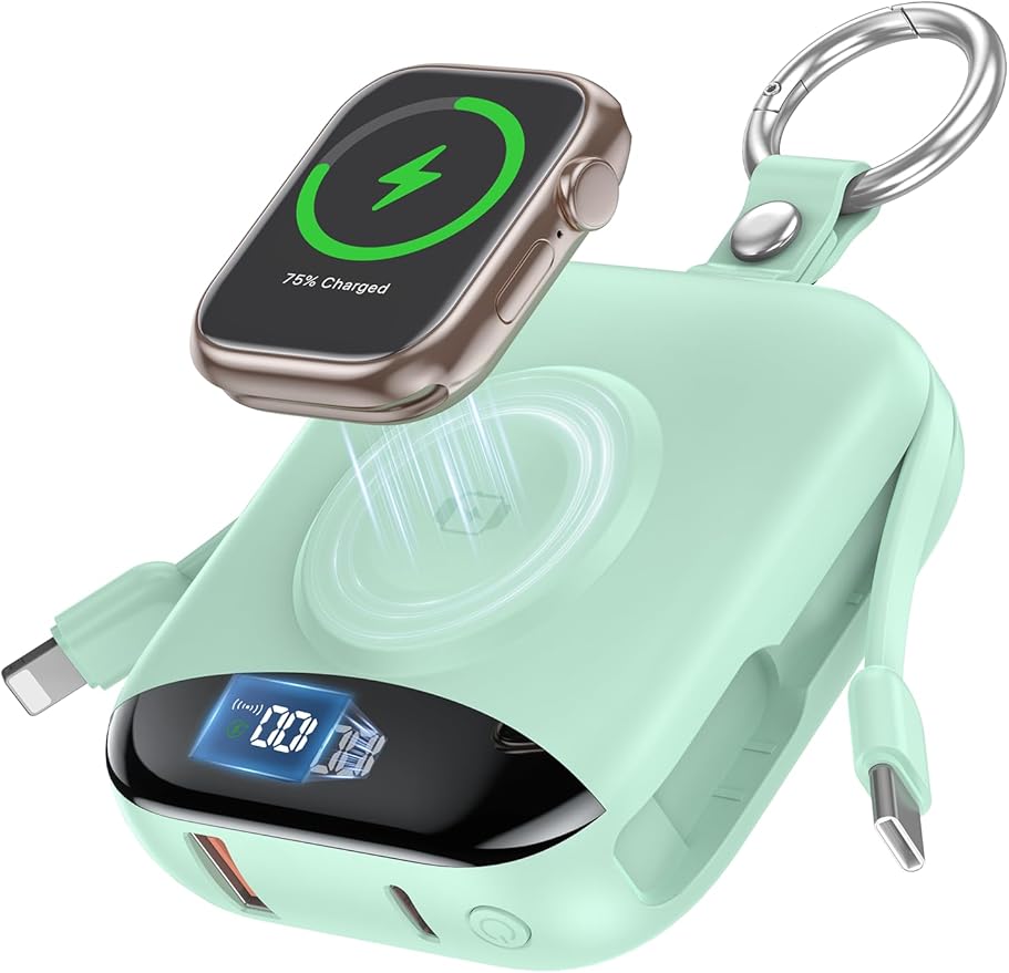 citicr Portable Charger, 10000mAh 22.5W Fast Charging Power Bank with Built-in Cables, Travel Battery Pack with LED Display for iPhone, Portable iWatch Charger for 11/10/9/8/7/6/5/4/SE/Ultra Green