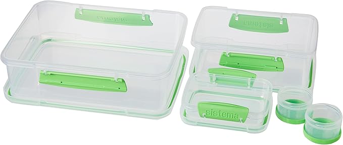 Sistema 6-Piece Food Storage Containers with Salad Dressing and Condiment Containers and Lids for Meal Prep, Dishwasher Safe, Clear/Green