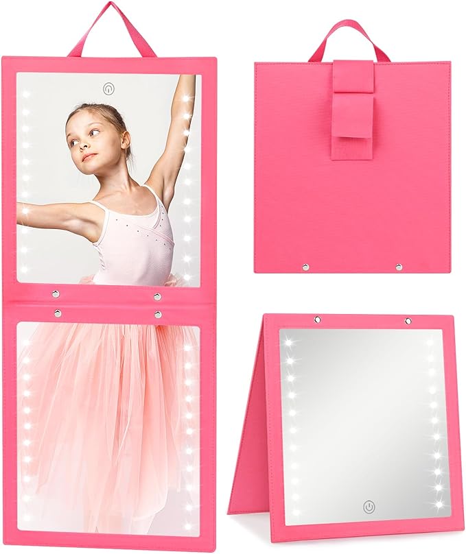 Fabuday Lighted Hanging Mirror for Dance Backstage - Rechargeable Folding LED Full Length Mirror with Lights for Dancers, Portable Foldable Travel Body Mirrors, Brightness Adjustable, Berry