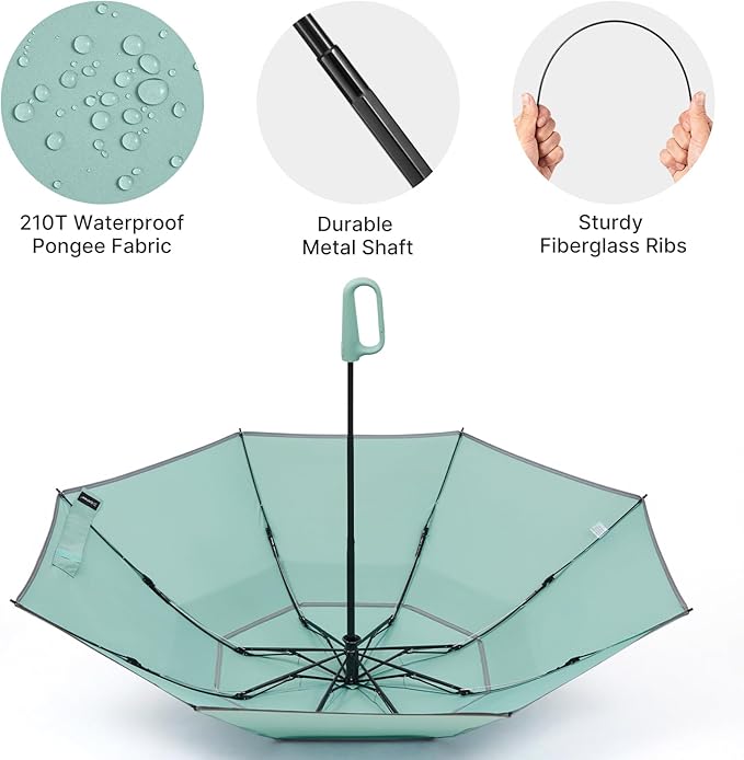 G4Free 46inch Ring Buckle Umbrella, Inverted Design with Carabiner Handle, Compact Travel Umbrella with Reflective Strip, Automatic Windproof for Rain