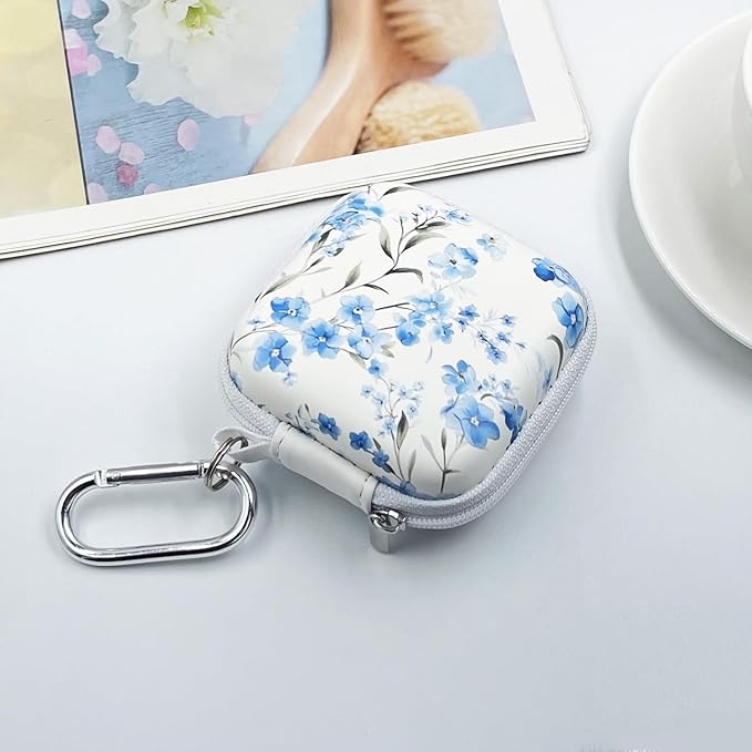 Earbud Case Headphone Organizer Ear Bud Case Portable EVA Carrying Box Storage Bag with Carabiner for AirPods Beats Bose Galaxy Buds 4/3/FE Data Cable Storage (Blue Flower)