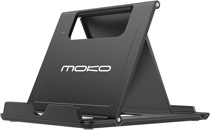 MoKo Phone/Tablet Stand, Foldable Desktop Holder Fit with iPhone 11 Pro Max/11 Pro/11, iPhone Xs/Xs Max/Xr, iPhone SE, iPad Pro 11, 10.2 (8th Gen), Air 4 10.9, Air 3, Mini 5, Galaxy S20, Black (Large)