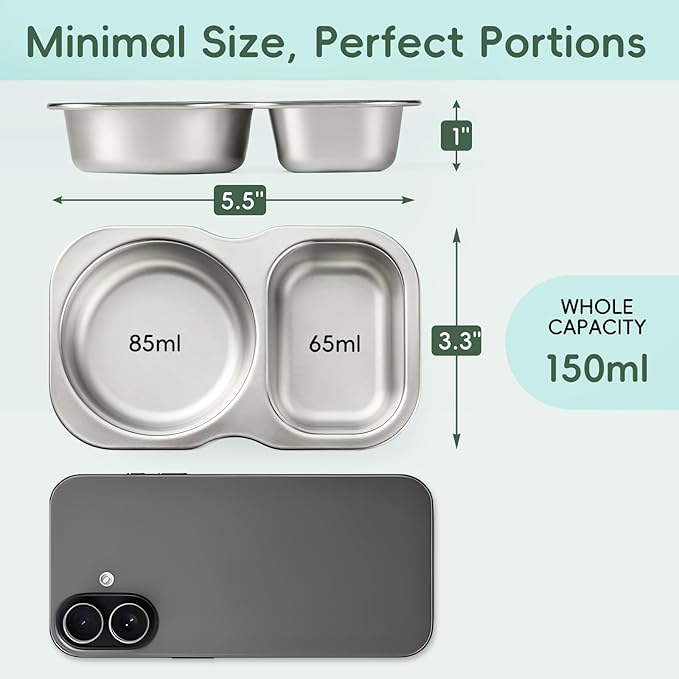 VITEVER 2 Pack Stainless Steel 2-Compartment Small Snack Containers with Lids, Reusable Snack Pack Containers, Lunch Box Accessories,Double Compartment Salad Dressing Containers to Go, 5.3oz