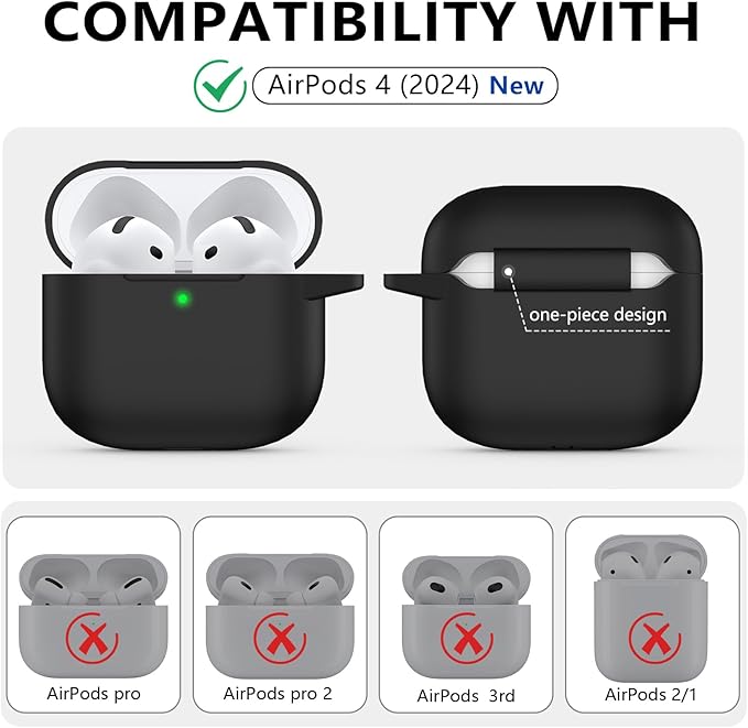 Ljusmicker for AirPods 4 Case 2024 with Cleaner Kit,Soft Silicone Protective Cover for Apple AirPods 4th Generation Cases for Women Men,Compatible with AirPod 4 Case Accessories with Keychain-Black
