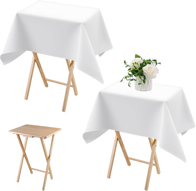 Oudain 2 Pcs 36 x 36 Inch Small Tablecloth Washable Fabric Folding TV Tray Table Cloth Polyester Solid Color Nightstand Cover for Bedside Table Side Outdoor Indoor(White, Classic Edge)