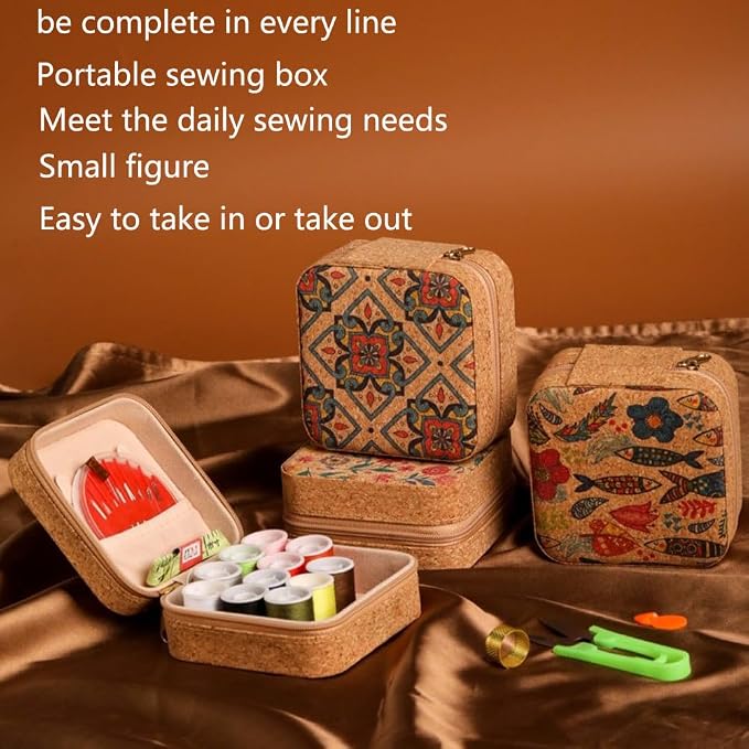 Sewing Box,Portable Travel Sewing Kit ，Vintage Soft Wood Print Sewing Kit,Mini Sewing Kits Storage Box,with 11 Color Thread, Scissors, Needles, Tape Measure and Other Accessories (Fantasy Fish)