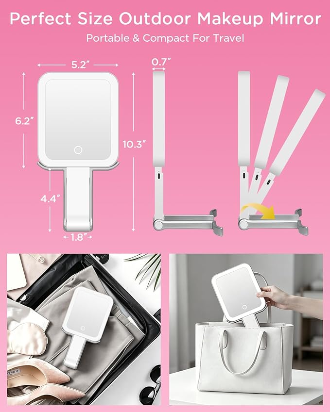EAONE Magnifying Mirror with LED Light, Double Sided Travel Makeup Mirror 10X/1X with Storage Bag, 3 Color Lighting & Dimmable Touch Screen for Trip, Desk, Bathroom (10.3 x 5.2IN)- Silver