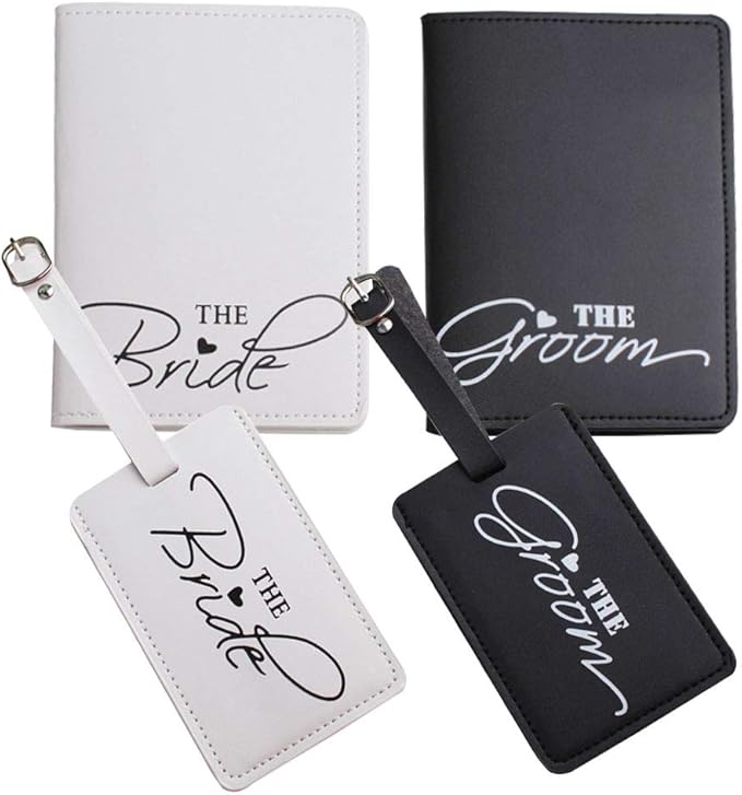 2 Pcs Bride and groom luggage tags + 2 Pcs passport cover, couple passport holder for honeymoon Wedding Bridal Shower Gift