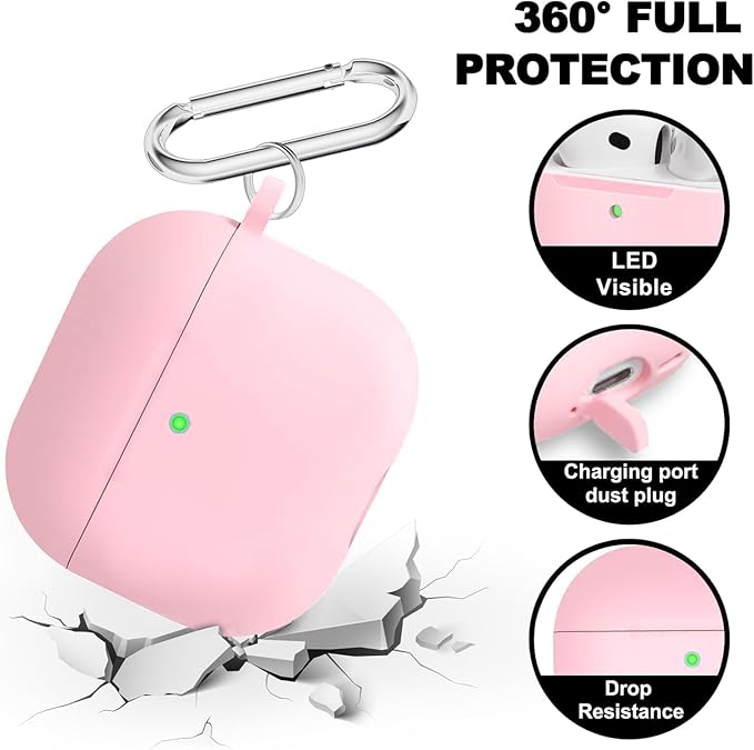Silicone Case Cover for AirPods 4th Gen, Soft Skin, Full Protection, Keychain, Cleaner Kit (Pink)