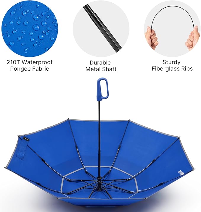G4Free 46inch Ring Buckle Umbrella, Inverted Design with Carabiner Handle, Compact Travel Umbrella with Reflective Strip, Automatic Windproof for Rain