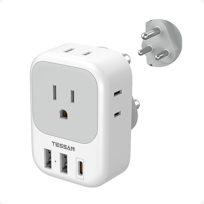 TESSAN South Africa Power Adapter, Type M Plug Adaptor with 4 American Outlets 3 USB Charger (1 USB C Port) for US to Bhutan Botswana Namibia Nepal