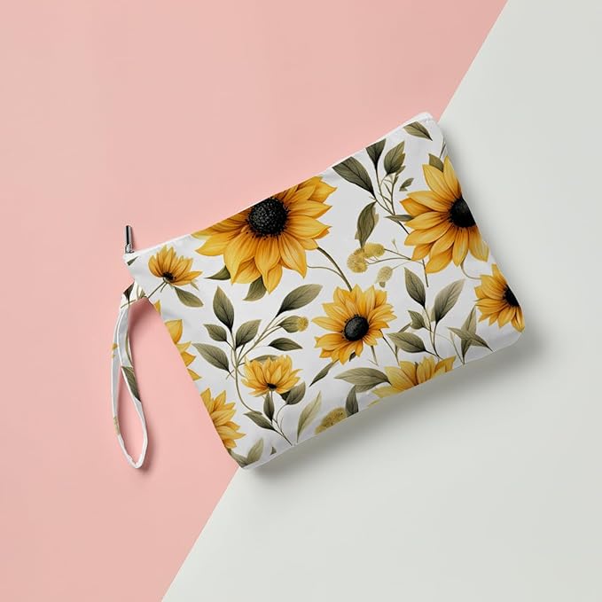 Fokongna Floral Print Wet Bag, Small Portable Waterproof Multi-Functional Organizer for Women, Ideal for Daily, Beach & Travel, Golden Yellow Sunflower Field