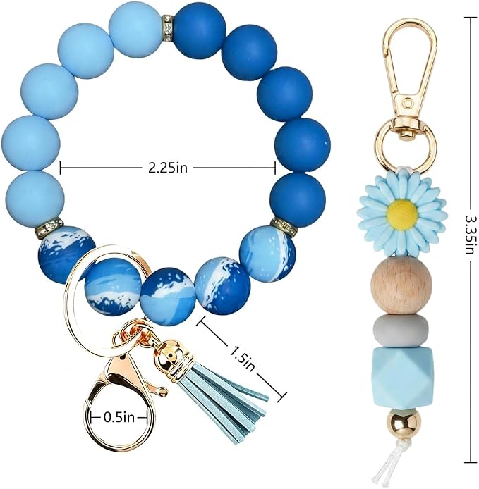2PCS Bracelet Key Ring Set, Cute Car Key chain Wristlet, Silicone Beaded Bangle keyChains for Women Girls