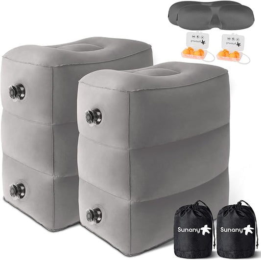 Sunany Inflatable Travel Foot Rest Pillow, Airplane Bed for Kids and Toddler, Adjustable Height Portable Car Leg Rest Pillow, Suitable for Airplane, Trains, Cars, Home, Office and Any Travel (2 Pack)