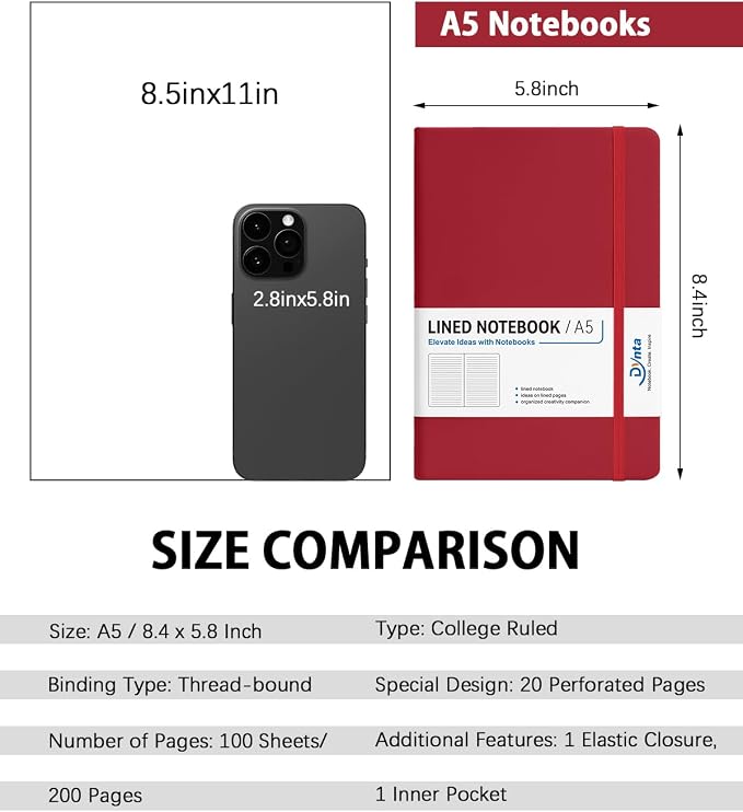 Dynta Hardcover Journal Notebooks, 10 Packs A5 Lined Journals Bulk for Writing 200 Pages/100Sheets, 8.4 x 5.8 inch, Classic Ruled Notebook for Work/Travel/College/Note Taking(Red)