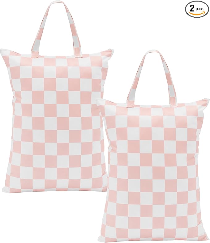Ohocut Pink Checkered 2 Pcs Large Travel Laundry Bags for Dirty Clothes, Aesthetic Trendy Waterproof Washable Laundry Bag with Handle for Girls Women, Travel, Gym, Swimming Pool