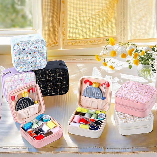 Mini Sewing Kit in Stylish Leather Case – Complete Set with Scissors,Needles,Thread & More, Fashion Box for Store Jewelry– Perfect for Beginners & Travel (Blue)