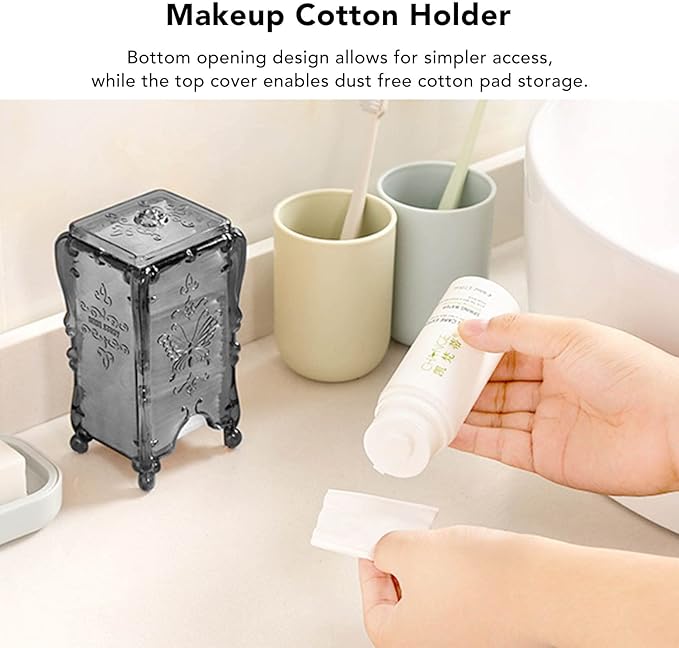 Agatige Cotton Pad Holder, Butterfly Rose Flower Cotton Pad Dispenser with Cover for Home(Translucent Grey)