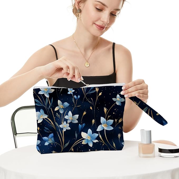 Fokongna Floral Print Wet Bag, Small Portable Waterproof Multi-Functional Organizer for Women, Ideal for Daily, Beach & Travel, Midnight Blue Starry Bluebell