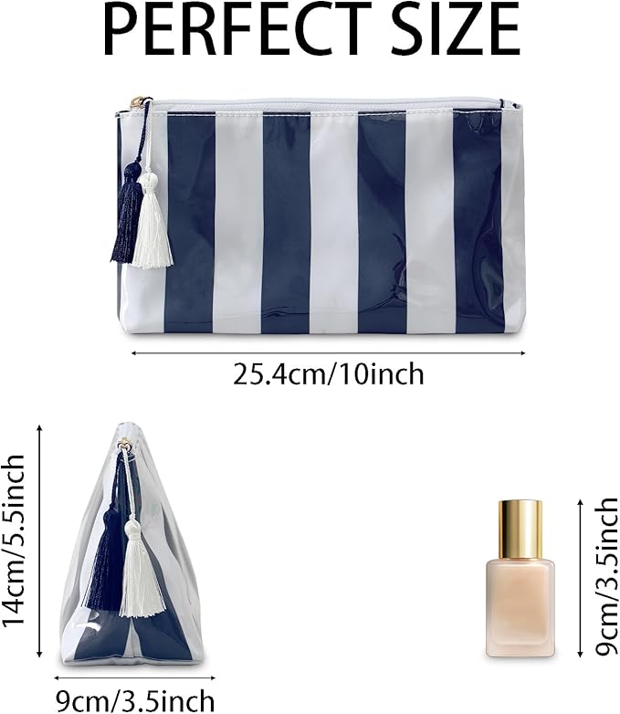 DYSHAYEN Makeup Bags for Purse,Small Clear Coated Cosmetic Bags for Women Girls, Waterproof Travel Organizer Zipper Pouch Beach Vacation Essentials (White-Navy)