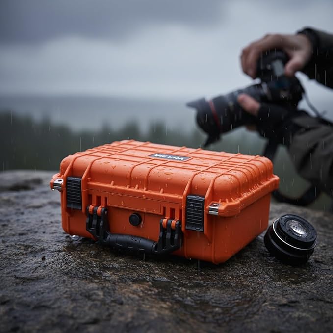 MEIJIA Portable All Weather Waterproof Protective Case,Hard Case,Camera Case With Customized Fit Foam,Fit Use of Drones,Camera,Equipments,Pistols,13.35 x11.63x5.98inches (Orange)