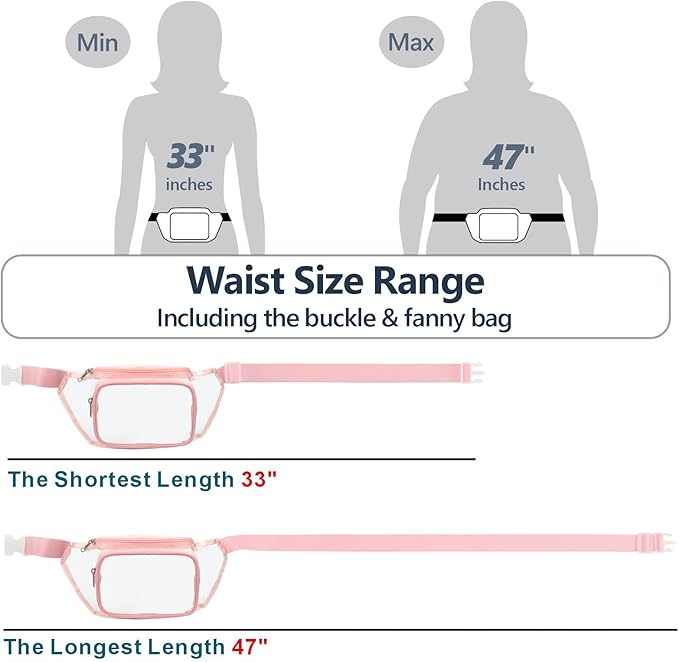 Veckle Clear Fanny Pack Stadium Approved - Adjustable 33-47 Inch Strap, Transparent Belt Bag for Women Men Fits 7.5-inch Smartphone, Waist Bag Clear Bag for Stadium Events, Sport, Concerts, Rose Pink