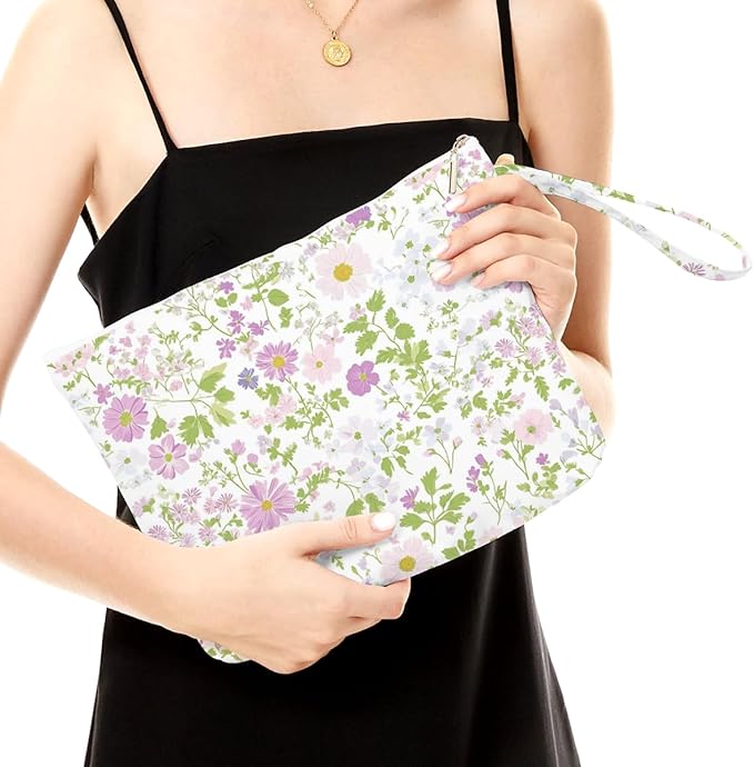 Fokongna Floral Print Wet Bag, Small Portable Waterproof Multi-Functional Organizer for Women, Ideal for Daily, Beach & Travel, White & Green Minimalist Wildflower