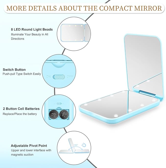 Kakuje Compact Mirror, 1X/3X Magnification LED Pocket Mirror with Nternal BIattery, Mini Mirror for Purse, Pocket,Travel and Present (Blue)