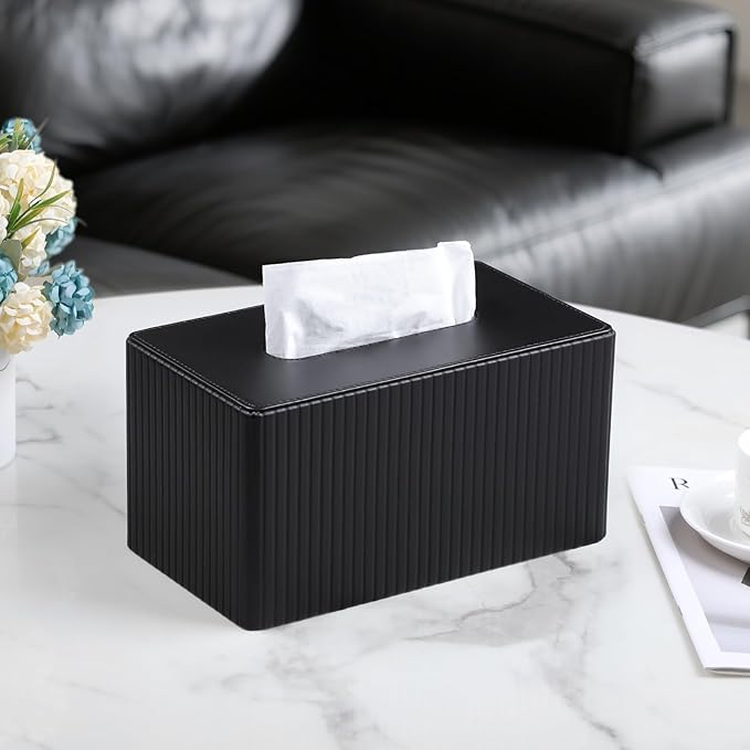 Extra Large Tissue Box Cover for Standard Size 180 to 230 Count Box of Tissues, PU Leather Rectangle Tissue Holder with Magnetic Closure (Black)