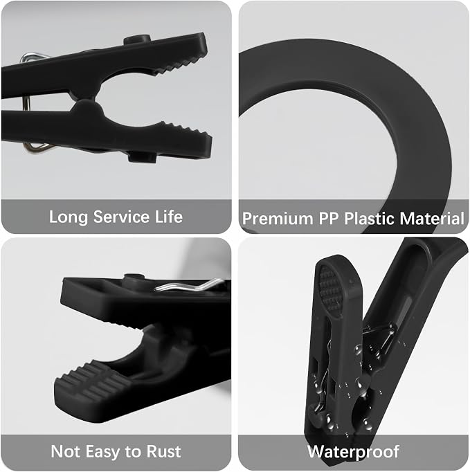 Andiker 4pcs Laundry Hooks with Clips, 5.2" Super Strong Clamping Plastic Single Clip Hangers Portable Travel Hangers with Clips to Hang Socks Towels Boots and Dry Wet Clothes (Black)