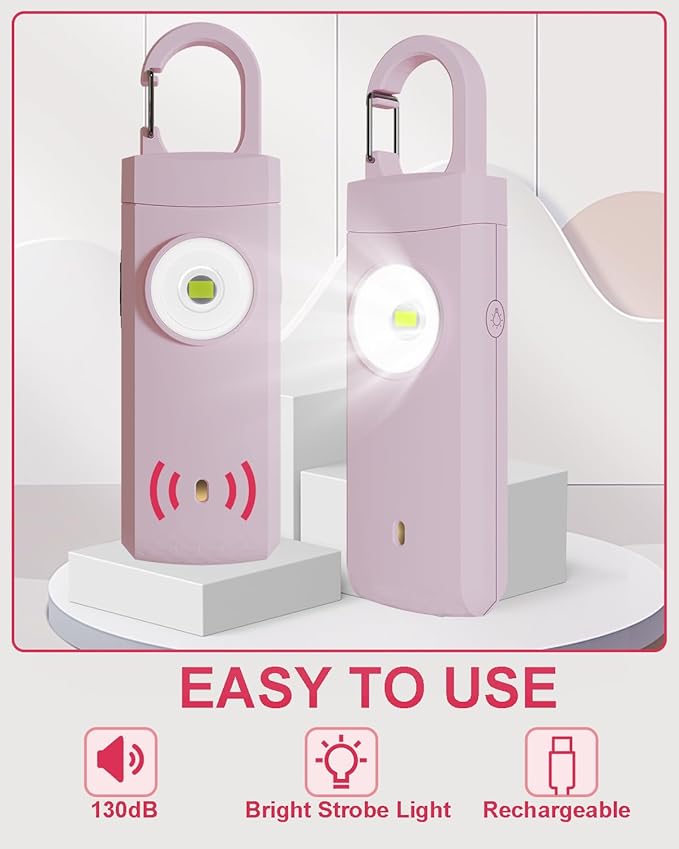 Rechargeable Personal Safety Alarm for Women, 130dB Loud Siren Birdie Sound, Strobe SOS LED Light, USB C Charging, Personal Alarm Keychain for Women