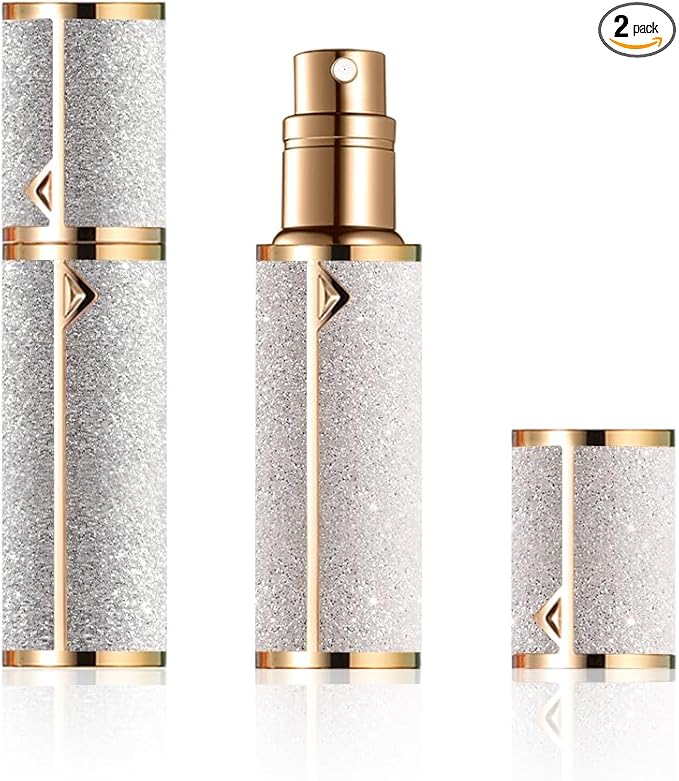 Atomizer Perfume Spray Bottle Refillable - 5ml Glass Inner Bottle with Premium Leather Case, Portable Travel Sprayer for Fragrance Lovers (Flash-Gray-silver)
