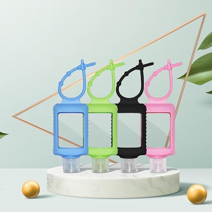 4 Pcs 2oz Travel Size Bottles Portable Hand Sanitizer Holder with Silicone Sleeve Squeezable Containers for Toiletries, Refillable Leak Proof Keychain Bottles Travel Accessories for Backpack