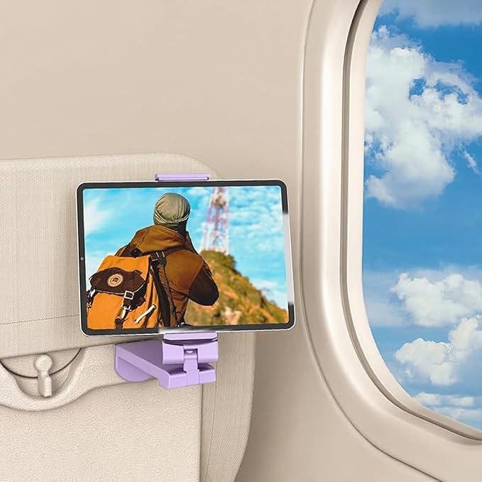 Airplane Tablet Holder Mount, 360 Degree Rotating Hands-Free Travel Stand, Max 7.6” Adjustable Clamp Opening, Compatible with iPad (Not for iPad 12.9”/13”), Purple (Only Fits 7–11" Tablets)