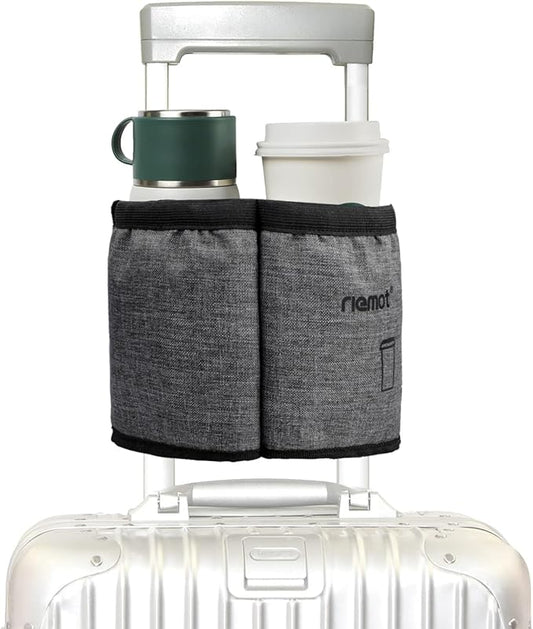 riemot Luggage Travel Cup Holder Free Hand Drink Carrier - Hold Two Coffee Mugs No Spill - Fits Roll on Suitcase Handles - Gifts for Flight Attendants Travelers Accessories Grey