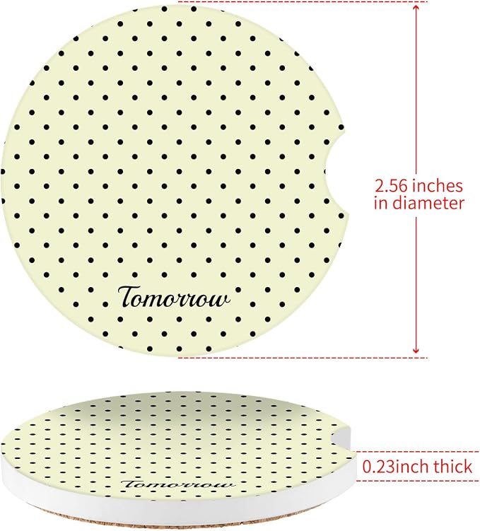 Cute Fashion Polka Dot Car Coasters 2 Pack for Cup Holders, 2.56 Inch Finger Notch Retro 70's Style Ceramics Heat Resistant Anti Slip Cork Base Car Drinks Coasters Auto Accessories-Yellow