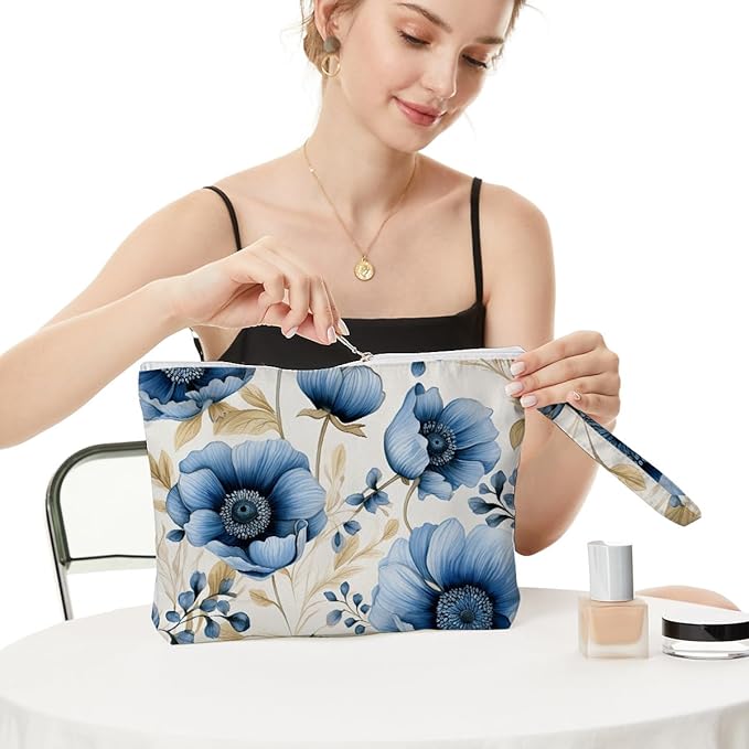 Fokongna Floral Print Wet Bag, Small Portable Waterproof Multi-Functional Organizer for Women, Ideal for Daily, Beach & Travel, Indigo Blue Anemone