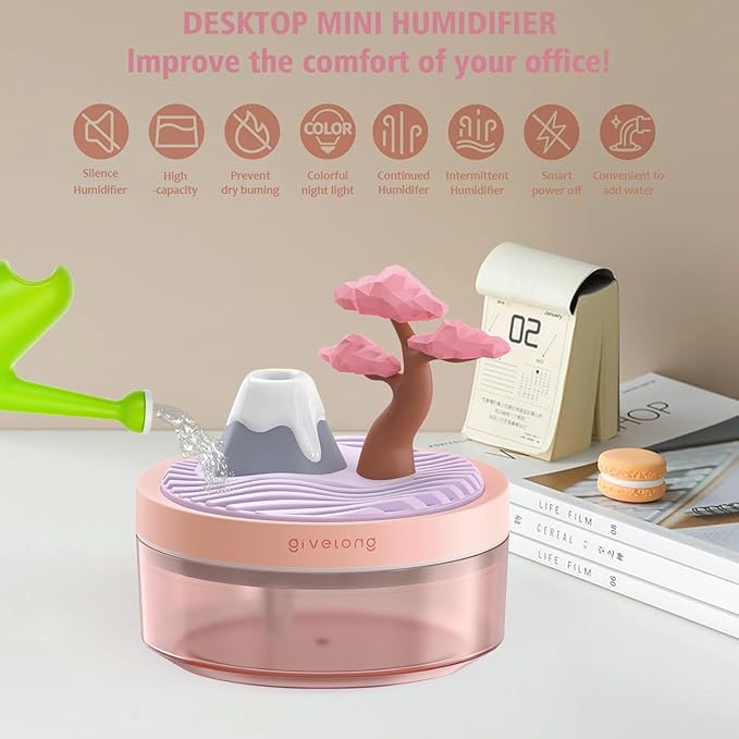 PRATIQUE Mini Portable Desktop Humidifiers for Bedroom,Small Humidifier with Cherry Tree,Quiet,Cool Mist, Auto Off,7 Colors Night Light,320ml Air Humidifier Home Office Travel(PINK) (PINK)